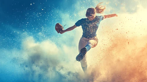 Softball player sliding through dust in dynamic motion.