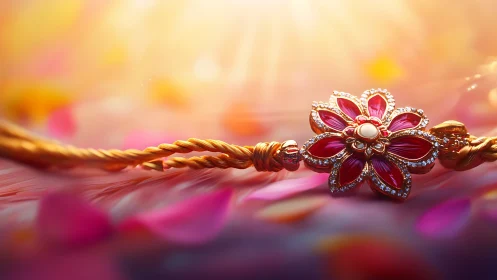 Sunlit floral rakhi glimmering among soft petal hues.