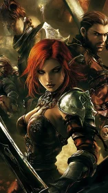 Fantasy warriors stand in dense, armor-clad combat formation