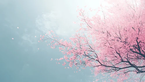 High key cherry blossom canopy against diffuse overcast sky backdrop