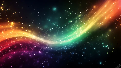 Starlit rainbow currents sweep through a cosmic dusk sky.