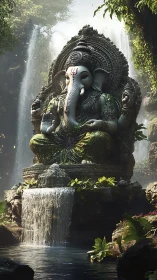 Majestic Ganesha statue rests beside cascading jungle falls.