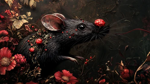 Black field mouse with berries in dense floral surroundings.