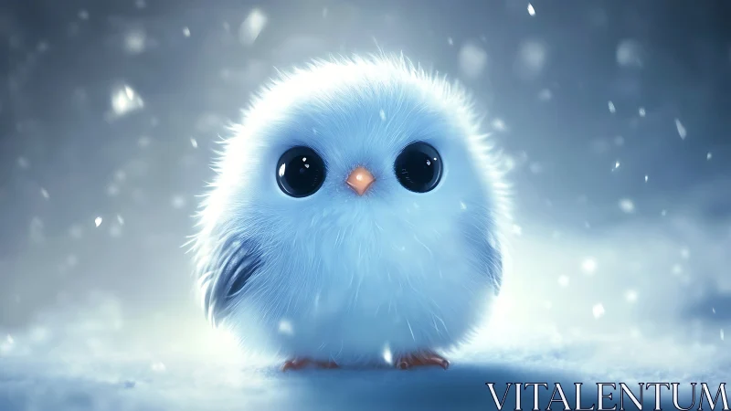 Fluffy Baby Bird in Snowy Winter Wonderland, Digital Art Style.
