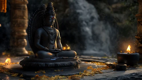 Peaceful Shiva statue glowing softly by candlelit shrine.
