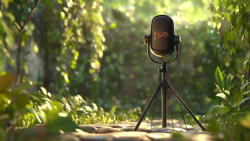 Studio microphone on tripod in lush sunlit garden setting.