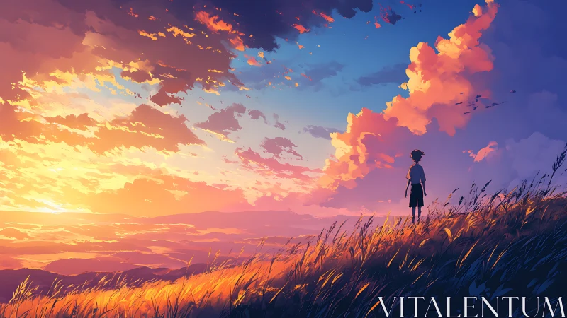 Solitary child watches a blazing sunset over golden hills