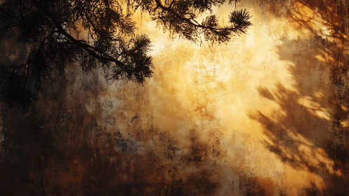 Sunlit tree branch casting shadows on rustic textured wall.