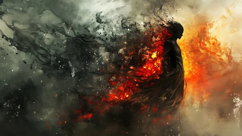 Elemental silhouette dissolves into swirling fire and smoke.