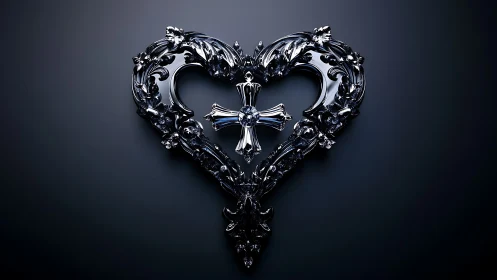 Dark metallic ornate heart with central cross emblem.
