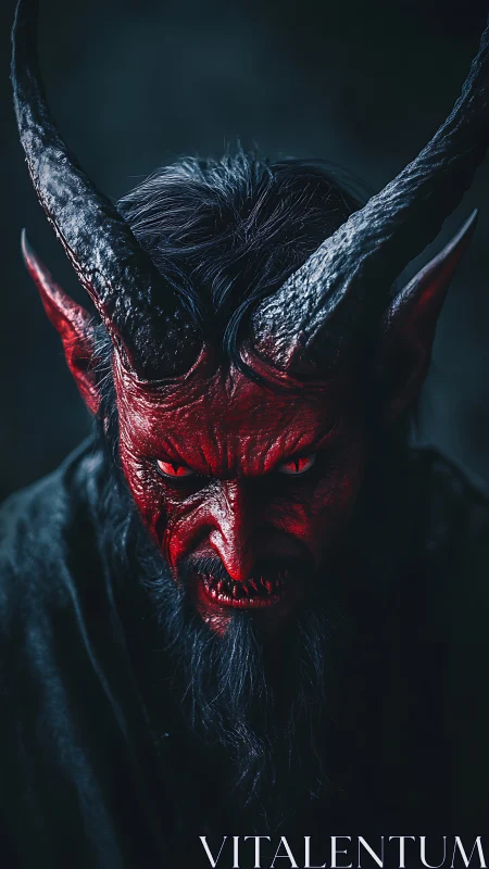 Brooding horned demon gazing out from deep shadowed gloom.