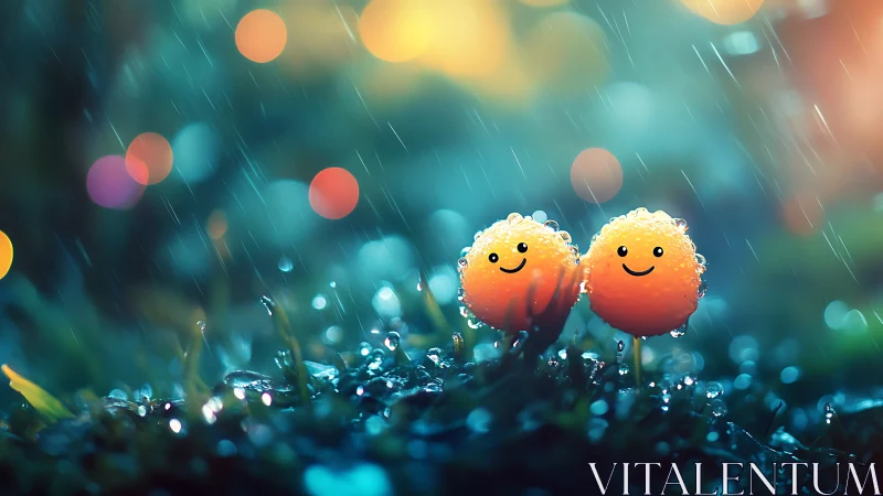 Smiling dewdrop mushrooms glow softly in rainy night garden