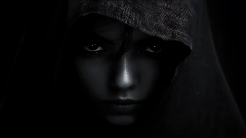 Monochrome hooded portrait with high-contrast chiaroscuro lighting