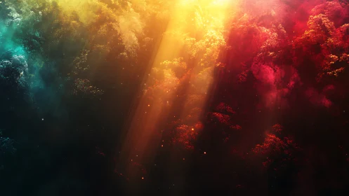 Prismatic nebula clouds pierced by radiant golden light