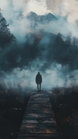 Solitary figure crossing misty forest boardwalk at dawn.