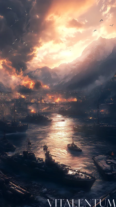 Harbor of burning dawn under ash crowned mountains.