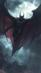 Demonic winged entity descending through storm-torn battlefield.