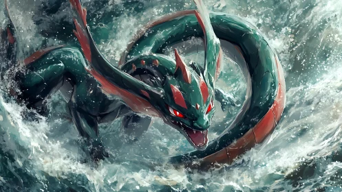 Serpentine sea dragon erupts through turbulent waves in dynamic strokes