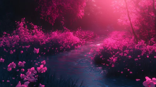 Moonlit river drifts through neon blossom dreamscape glow
