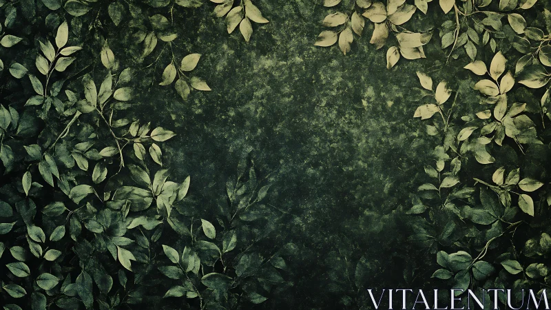 Green foliage border surrounding textured dark background.