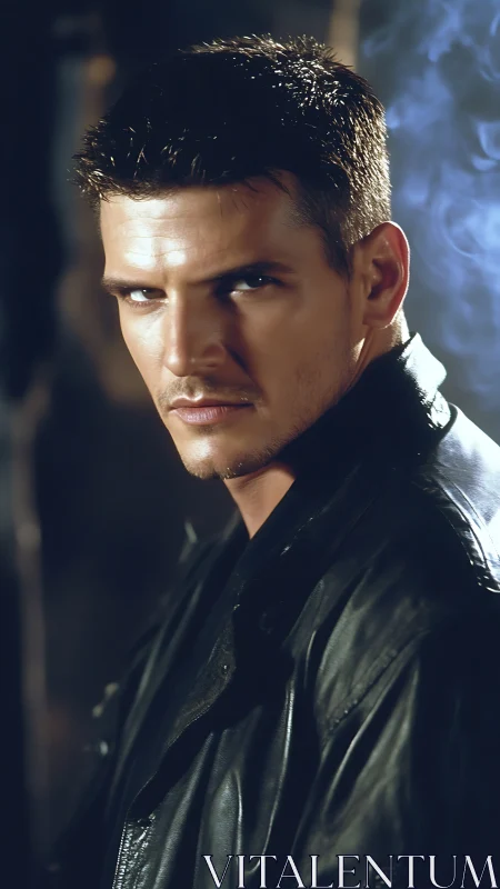 Brooding man in leather jacket under dramatic low light.