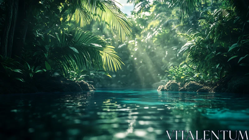 Tropical waterway channel through dense jungle canopy with luminous water surface