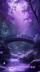 Violet forest bridge over glowing river at twilight.