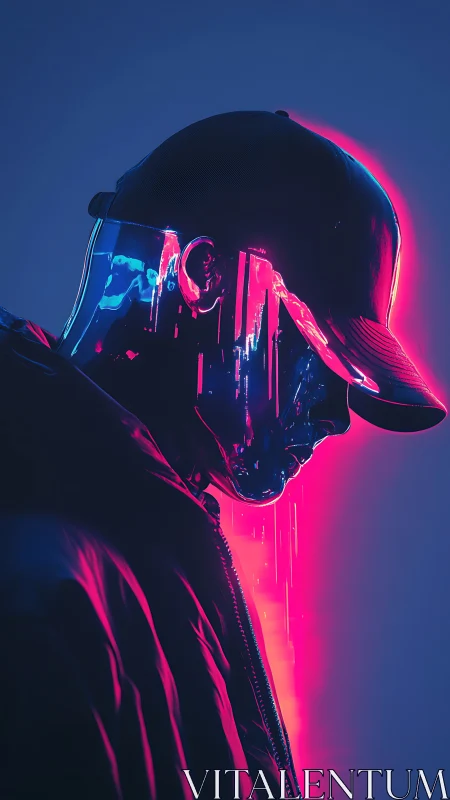 Cybernetic profile in neon pink and blue glow portrait.