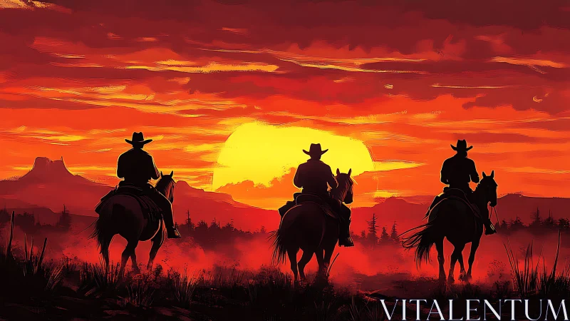 Cowboys ride through blazing sunset on the open range.