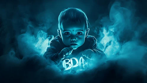 Neon blue baby portrait emerging from glowing mist.