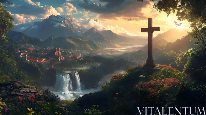 Stone cross overlooks village, waterfalls and distant mountains