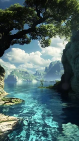 Emerald cliffs cradle a crystalline dream-lagoon of light.