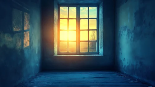 Sunlit window in empty blue room with textured plaster walls.