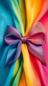 Gradient bow tied over folded rainbow satin fabric background.