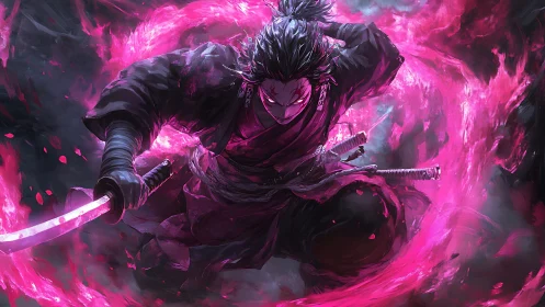 Vengeful samurai whirls neon cherry fire through midnight storm