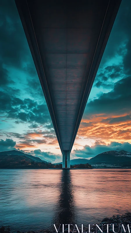 Symmetric underside bridge perspective over reflective fjord at dusk.