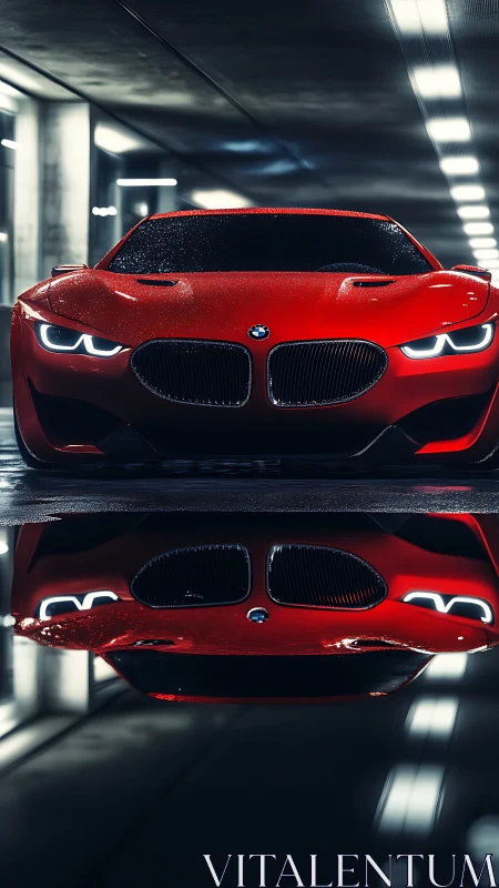 Red sports coupe glows menacingly in a slick urban tunnel