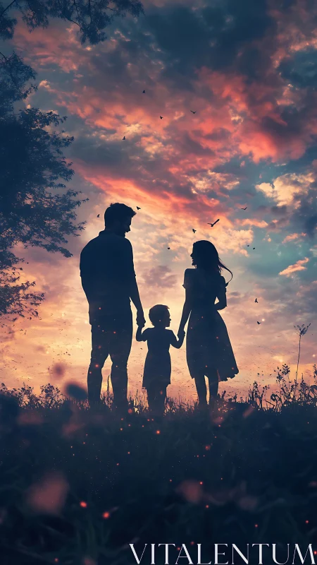 Family silhouettes hold hands beneath a dramatic sunset sky.