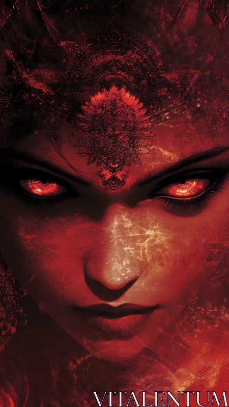 Demonic female face emerges from swirling red inferno