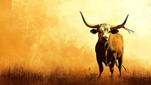 Longhorn bovine standing against textured ochre ground.