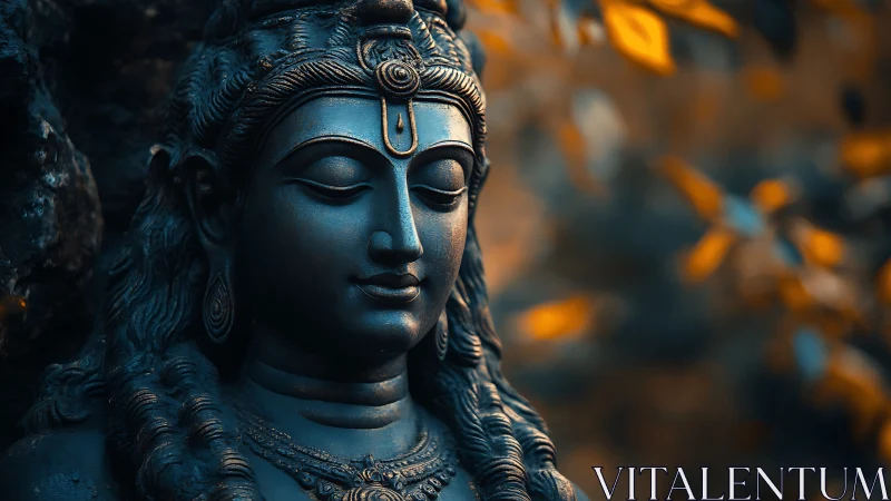 Stone deity bust in close-up with warm bokeh foliage background.