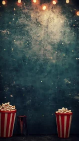 Midnight cinema wall with glowing lights and carnival popcorn.