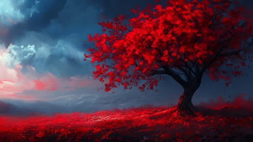 Solitary red tree on open field under dramatic cloudy sky.
