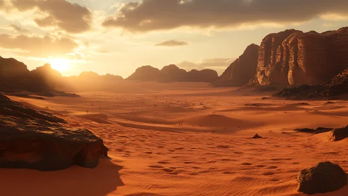 Saffron dunes and carved cliffs under a hushed desert sun.