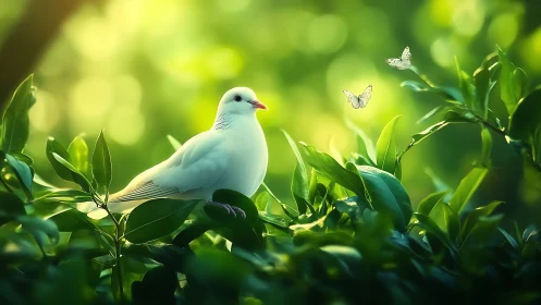 White dove rests in sunlit forest leaves as butterflies drift