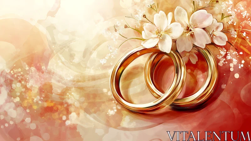 Gold wedding rings lie intertwined beside pale flowers