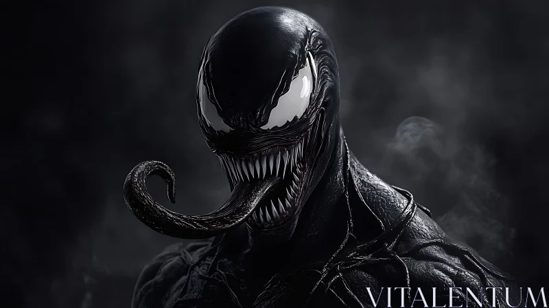 Menacing black alien creature with fanged grin and tongue.