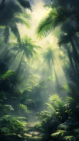 Misty jungle canopy with tall palms and diffused sunlight