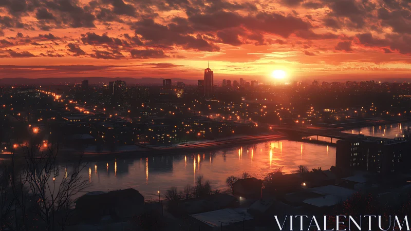 Sunlit city skyline over river under vivid sunset glow.