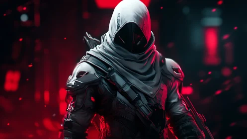 Hooded sci fi assassin in tactical armor, red glow backdrop.